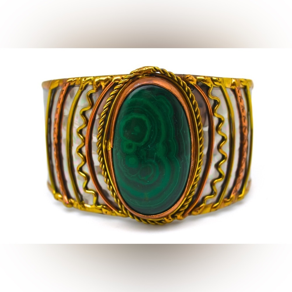 Mixed Metal Cuff Bracelet Stainless Steel Copper Brass Malachite Stone NEW